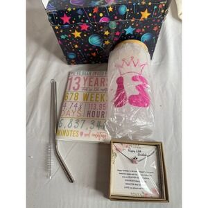 13th Birthday Gift Set for Girls 4pc Tumbler Necklace Card Box New